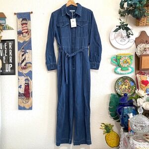 New women's S‎ Utility Jumpsuit Denim Blue med wash Long Sleeve Belted Wide Leg